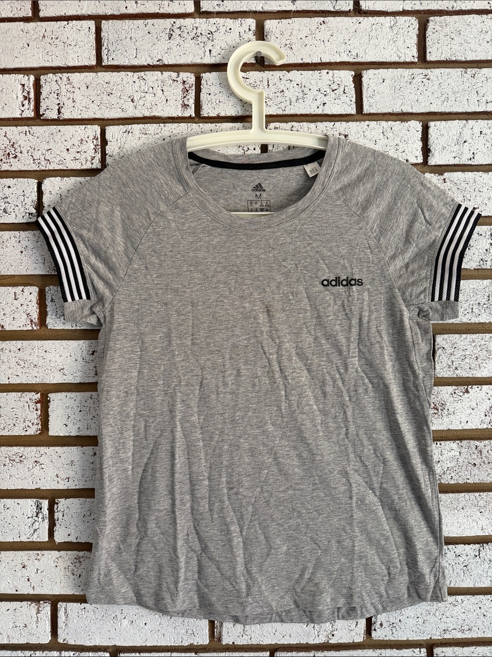 adidas Gray Short Sleeve Crew Neck Tee with Striped Sleeve Detail